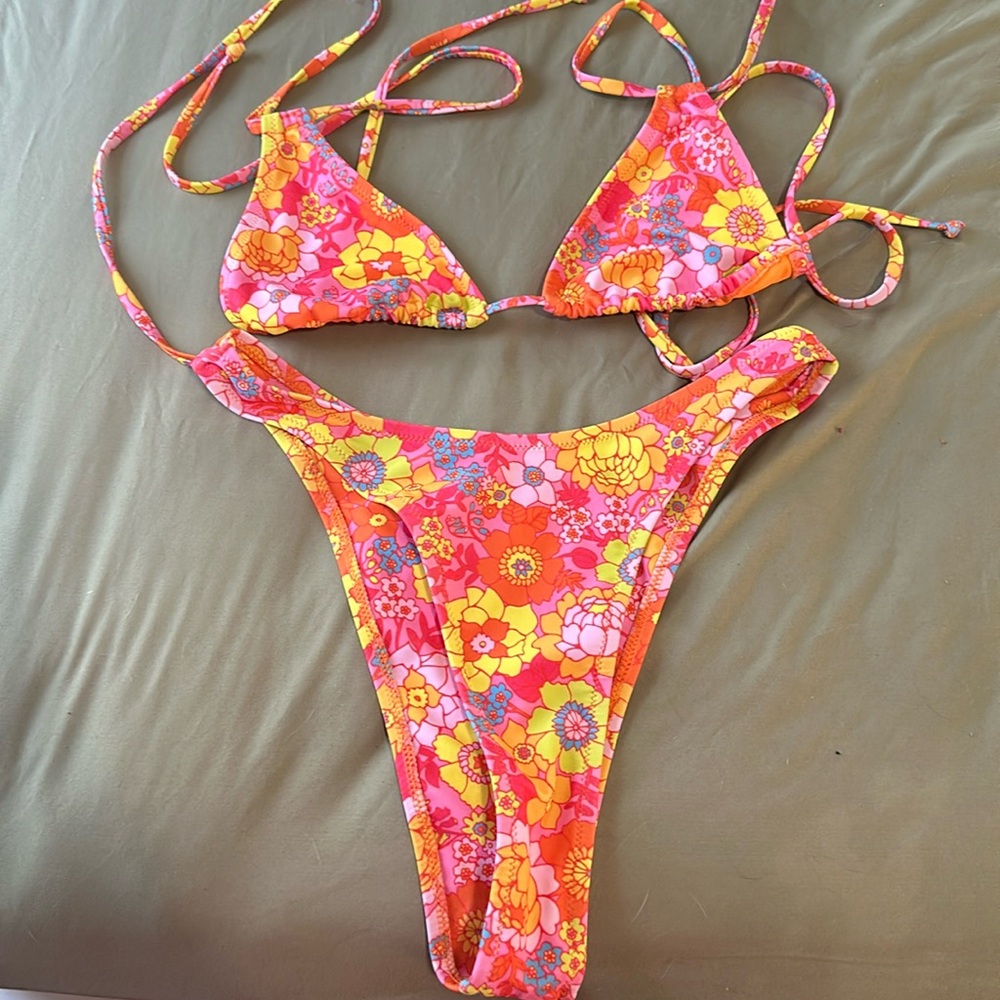 Kulani Kinis Pink Orange Yellow Floral Triangle Bikini